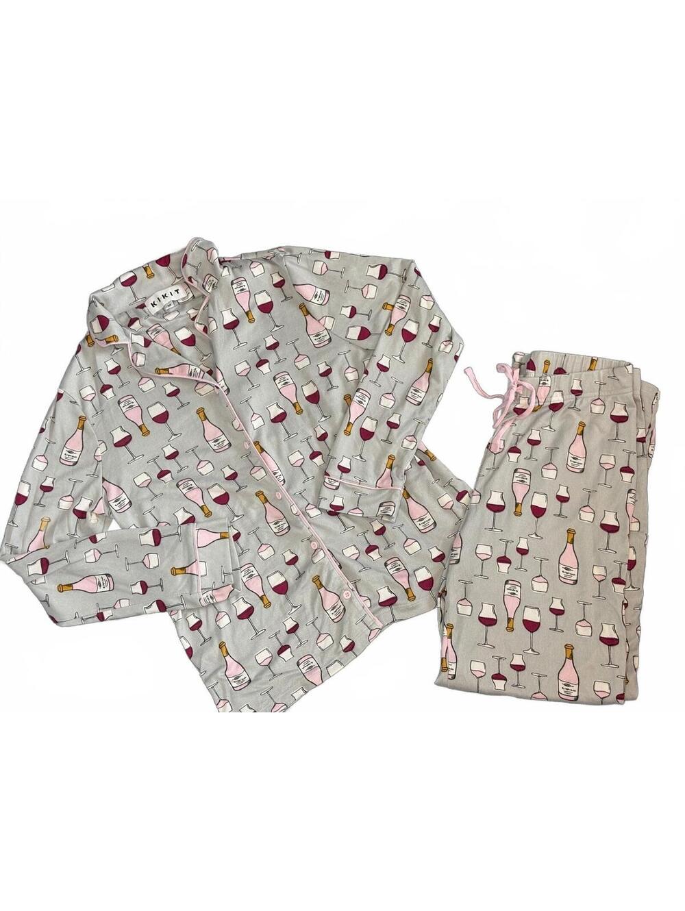 KIKIT Women's Medium Gray Pink Red Wine Print Pajama Set Cozy Lounge Wear